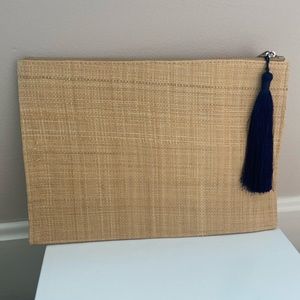 West Emory Woven Straw Clutch with Navy Blue Tassel Zipper